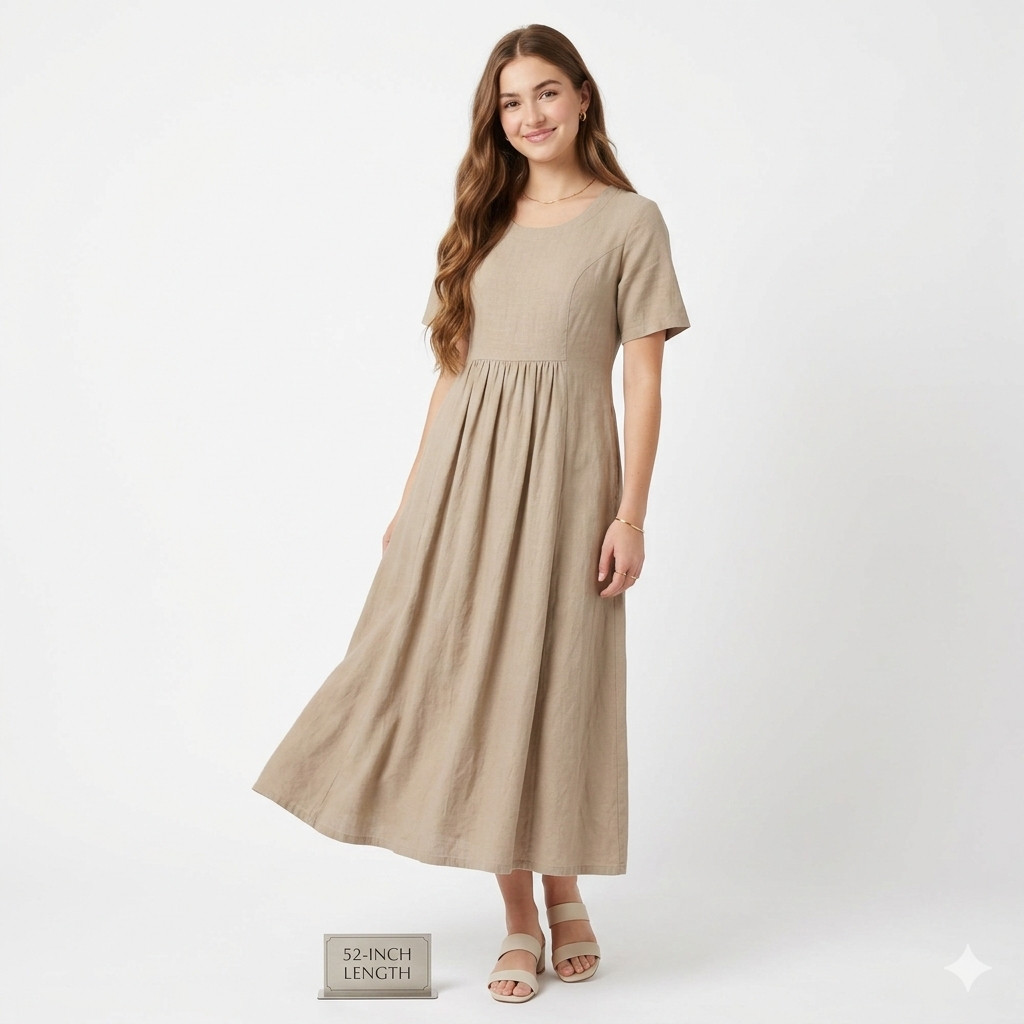 CMC Color Me Cotton Linen-Look Dress Small S Beige Tan Midi Pocket Made In USA