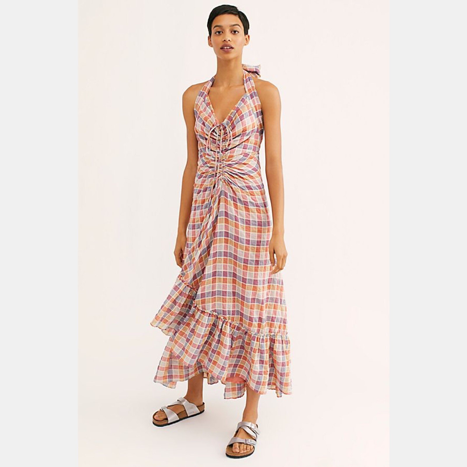 Free People Rainbow Dreams Maxi Dress Ruched Plaid V-Neck Pastel Combo 4