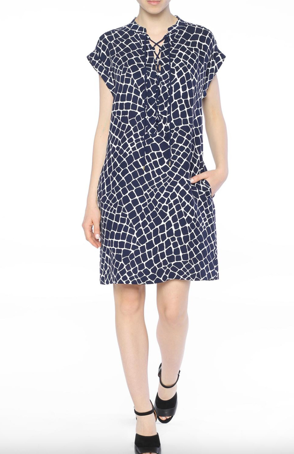 MICHAEL KORS Navy Blue & White Lace Up Mini Dress Size Large RRP £249 VGC