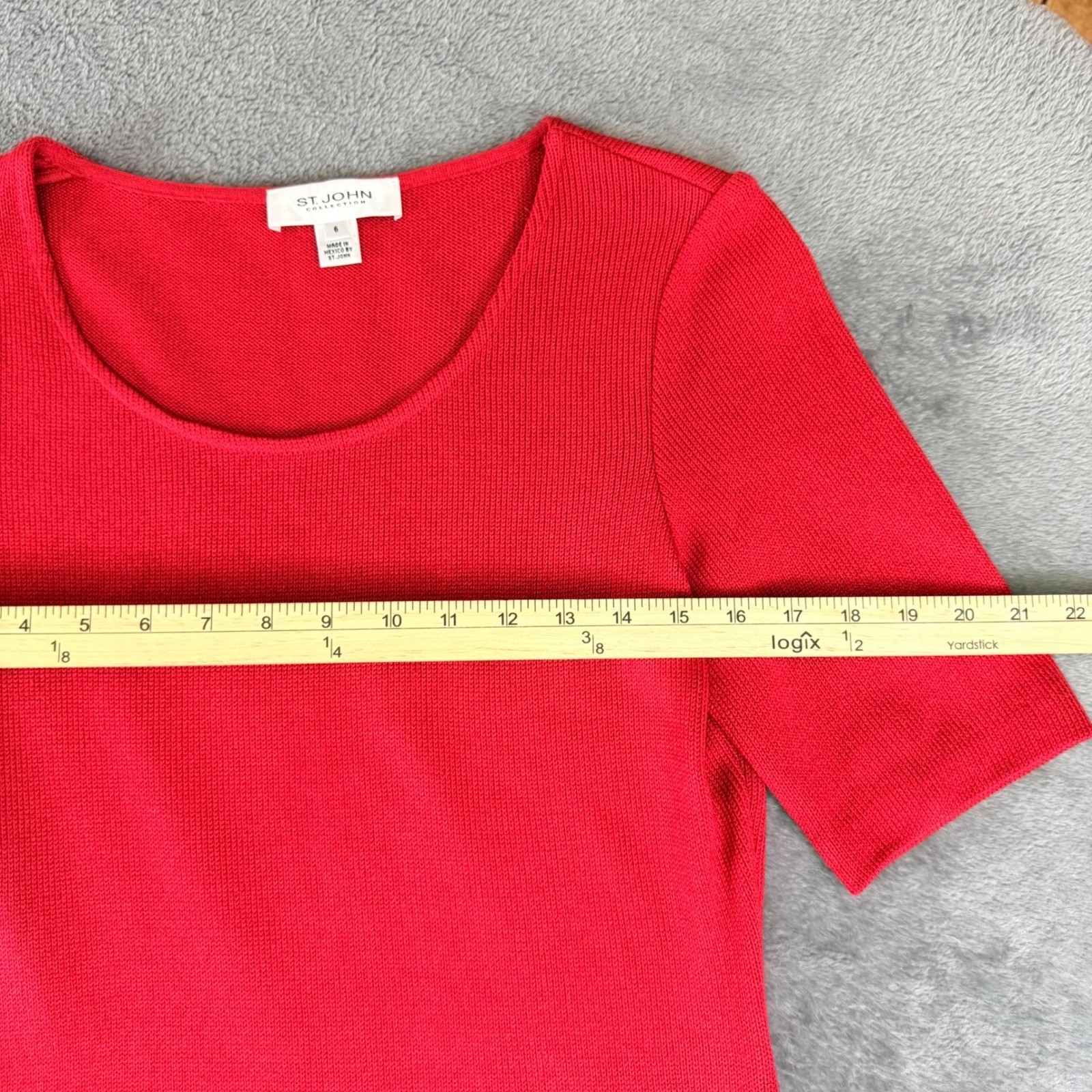St John Collection Red Wool Blend Ribbed Knit Dress Short Sleeve Size 6