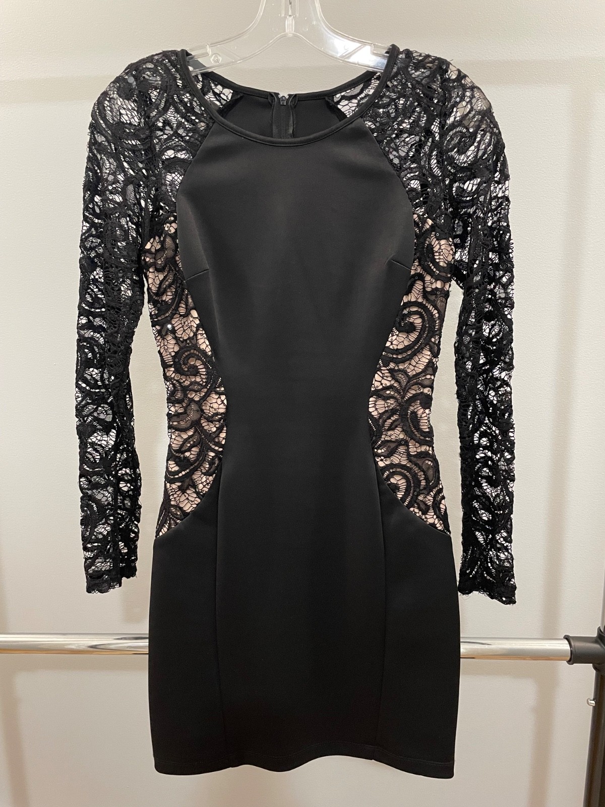 BCX Black Lace w/Sequin Bodycon Long Sleeve Dress, Nude Lined Panels Junior’s 7