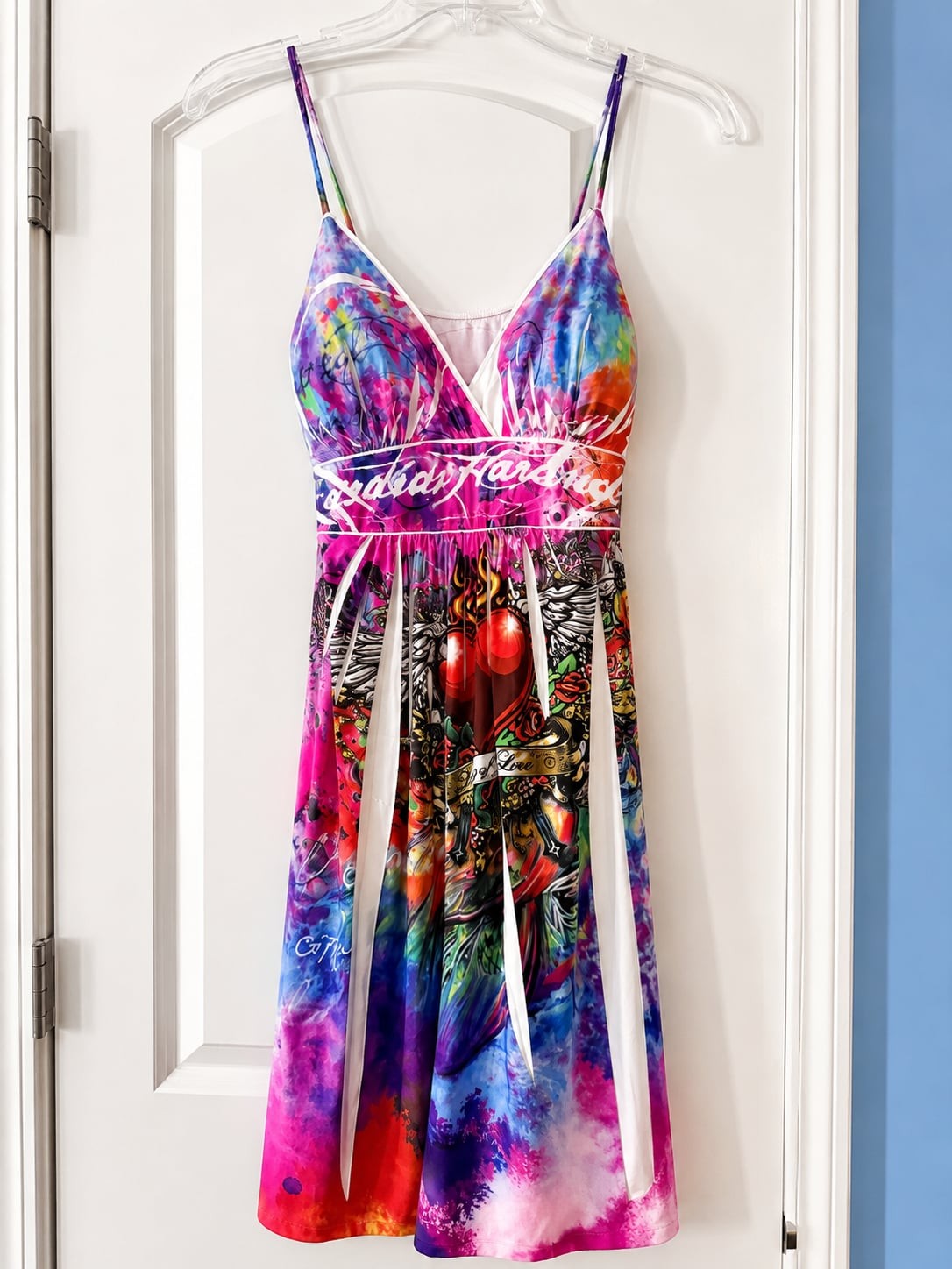 Ed Hardy Multicolor Heart of Love Graphic Print Spaghetti Strap Mini Dress. Size