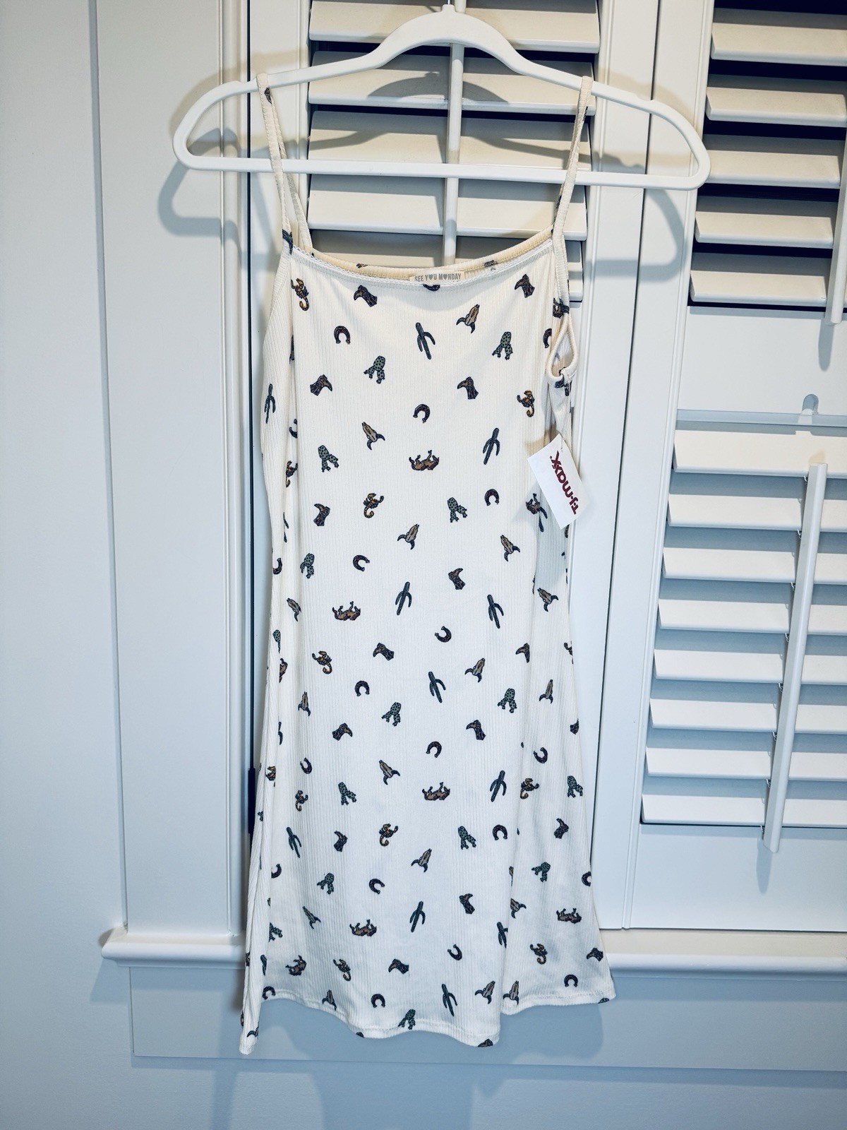 SEE YOU MONDAY Ivory Dress Size L Western Print Cactus Boot Horseshoe Women NWT