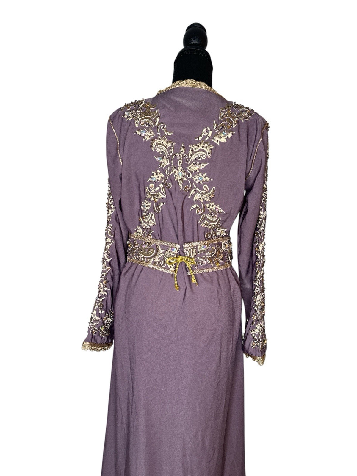 Embroidered Long Caftan Dress in Mauve with Gold Trim