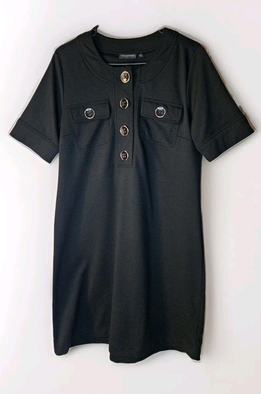 Nina Leonard Black Dress W/ Big Buttons Women’s Size Medium Chest Pockets Casual