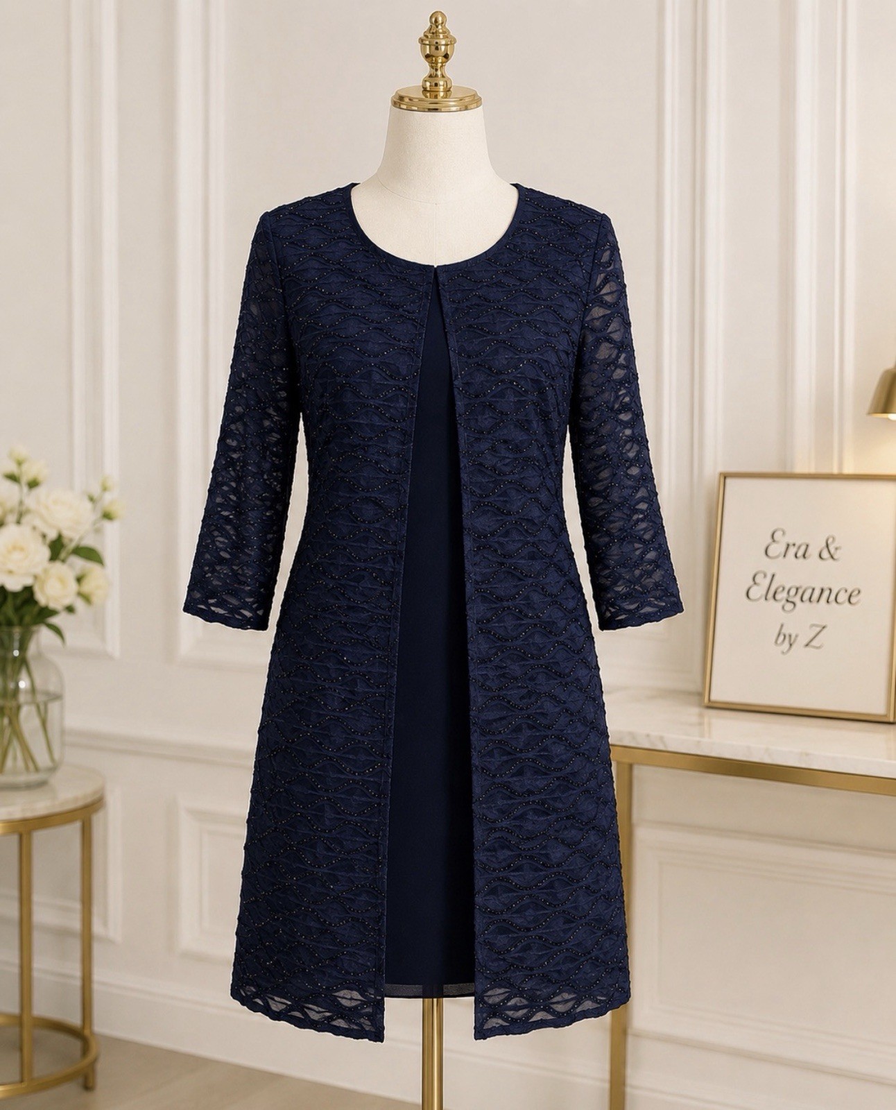 Connected Apparel Women’s 2-Piece Jacket Dress Navy Beaded Size 16 NWT