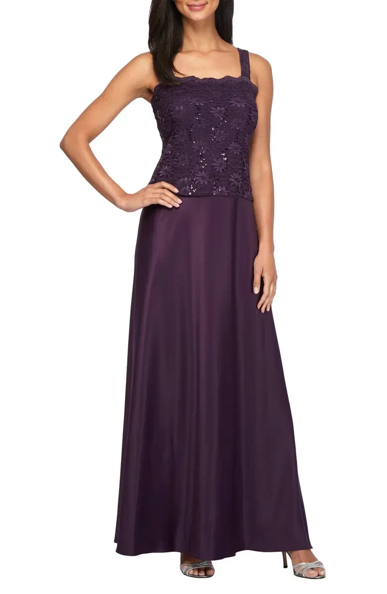 Alex Evenings Eggplant Purple Embroidered Lace Mock Two-Piece Gown Sz 14 $229