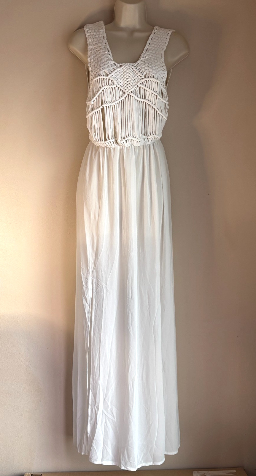 Cupshe Knit Semi Sheer Swim Cover-Up Maxi Dress White Macrame Beach Vacation