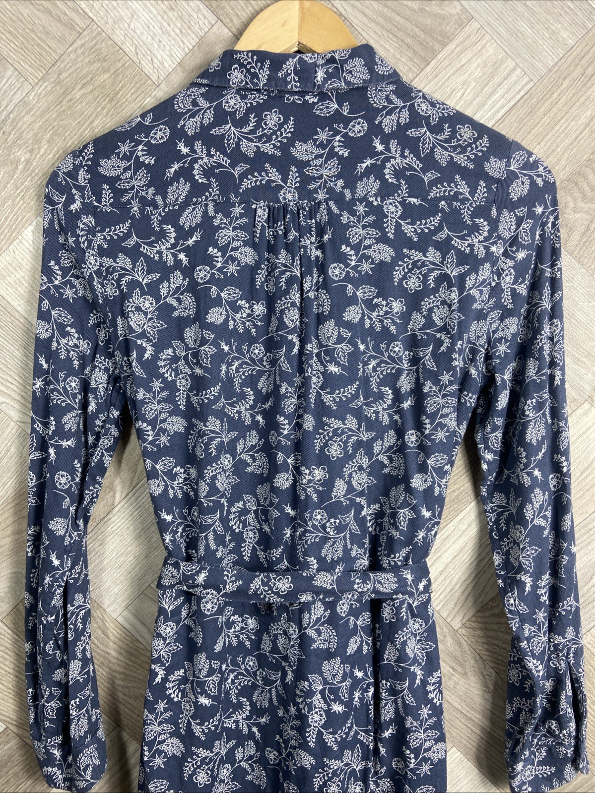 Fat Face Navy & White Floral Button Up Dress Waist Tie Collared Size 10