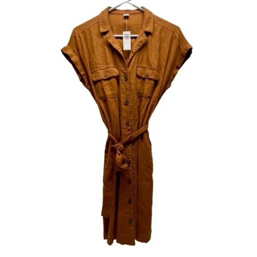 Old Navy Shirt Dress Women’s Small Brown Spice Button Up Top Linen Blend NWT
