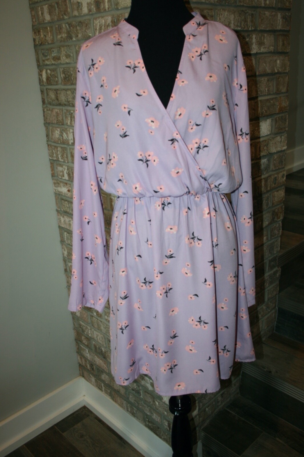 All in Favor Womens Purple Floral Long Sleeve Crossover Blouson Dress SZ M
