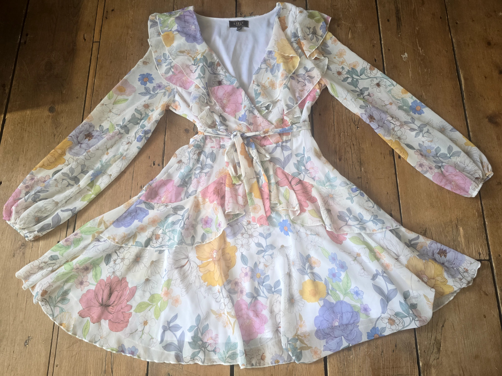PRETTY LIPSY WHITE FLORAL RUFFLE FLOATY ROMANTIC DRESS UK 12 NEW