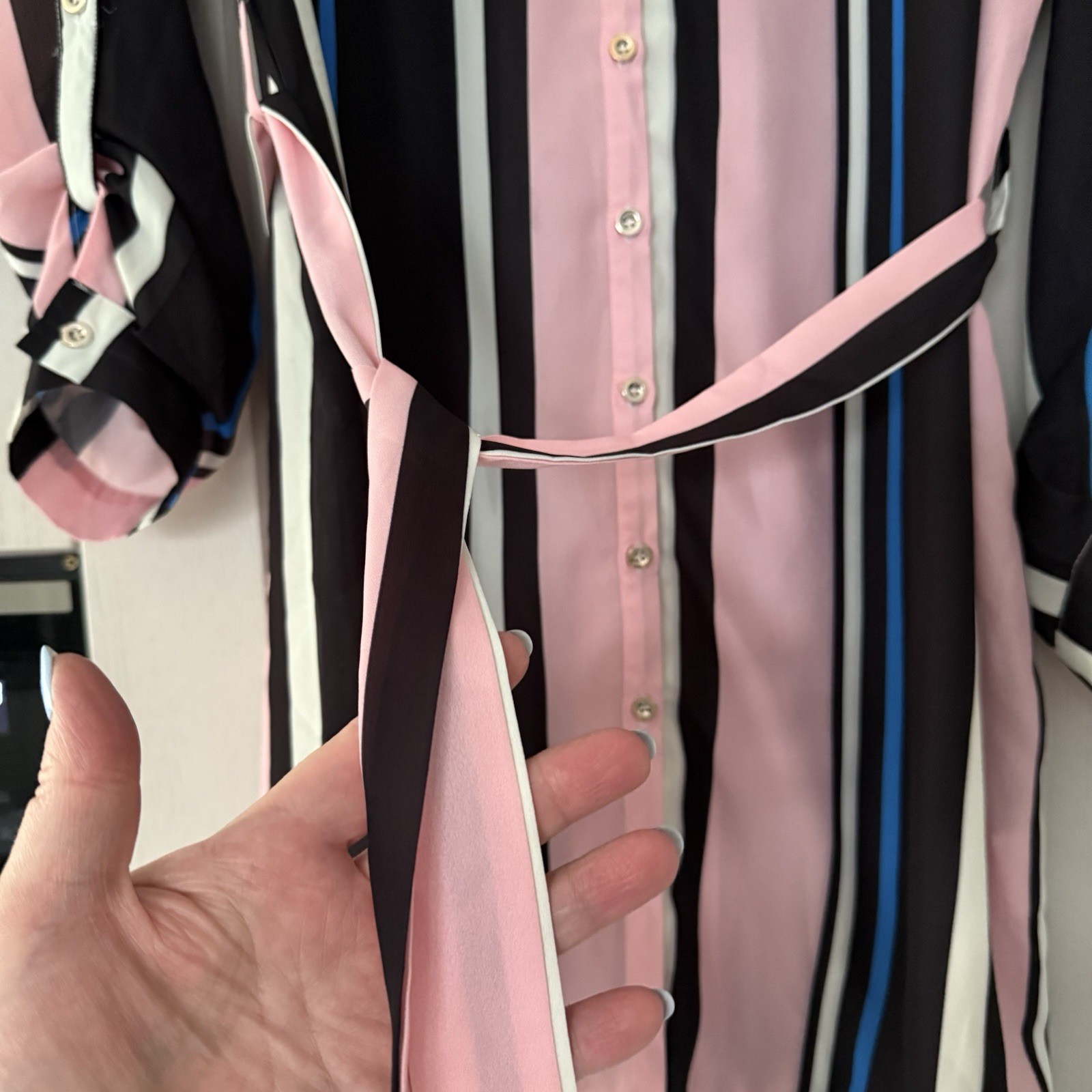 Exhibit Black Pink Blue Striped Shirt Dress UK 16 BNWT Tie Belt Roll Tab Sleeves