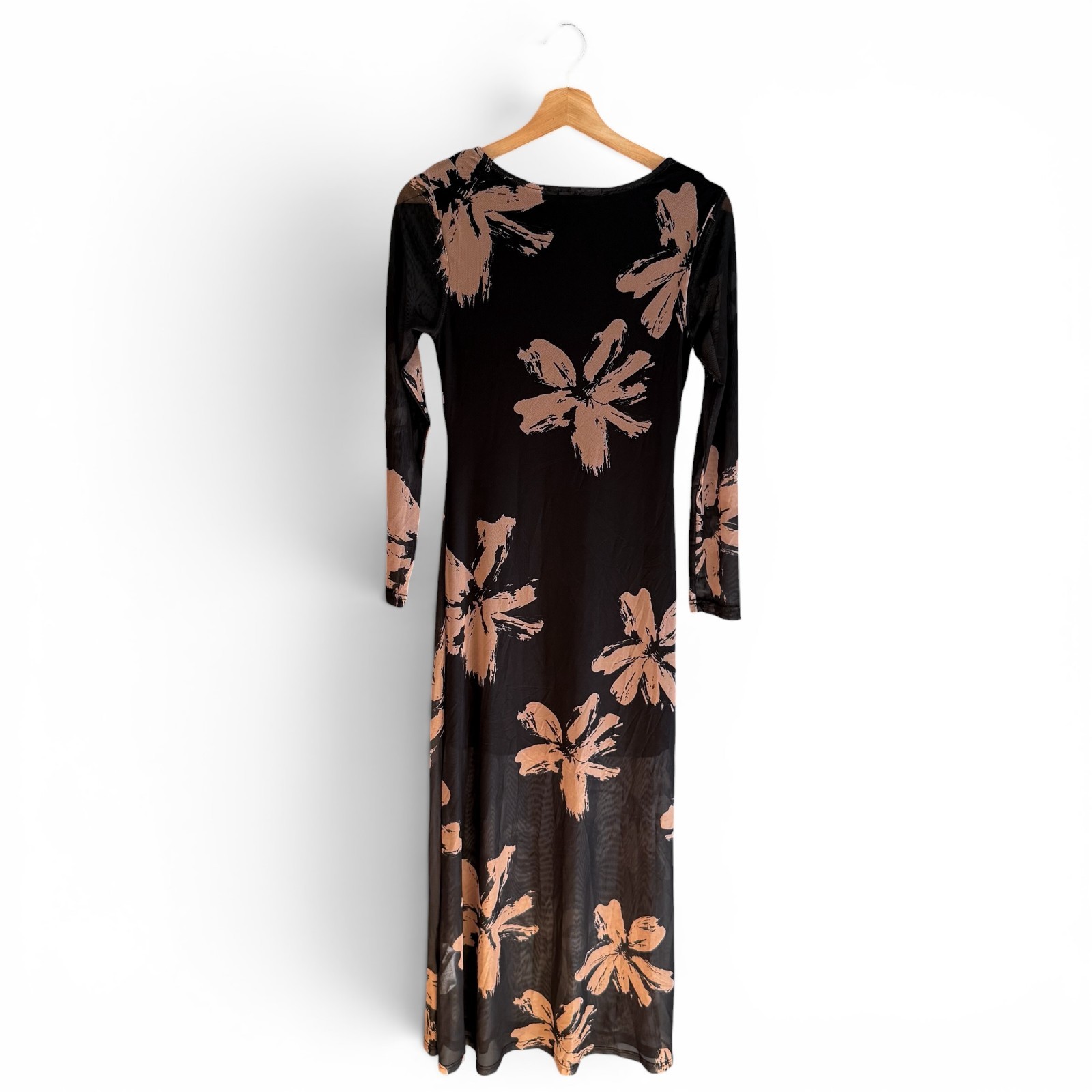 Ladies Floral Maxi Dress Black Beige Long Sleeved Size 8