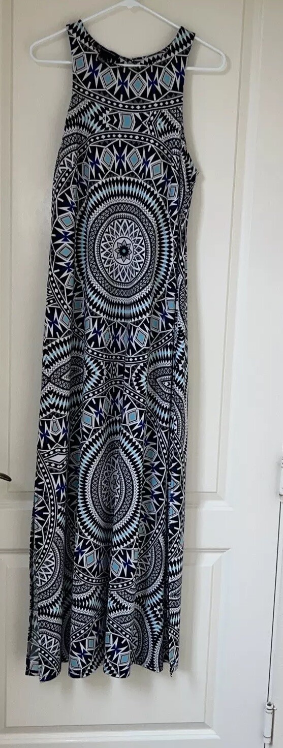 INC International Concepts Geomagnetic Sleeveless Maxi Dress Blue White Black L