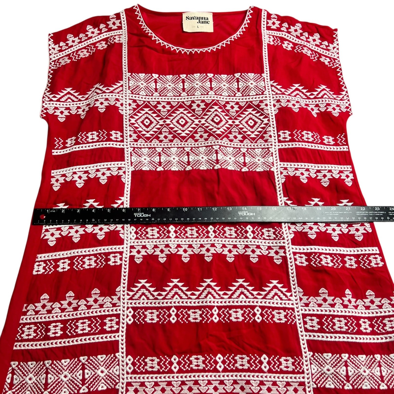 Savanna Jane Red Embroidered Boho Shift Dress Women Large Geometric Cap Sleeve