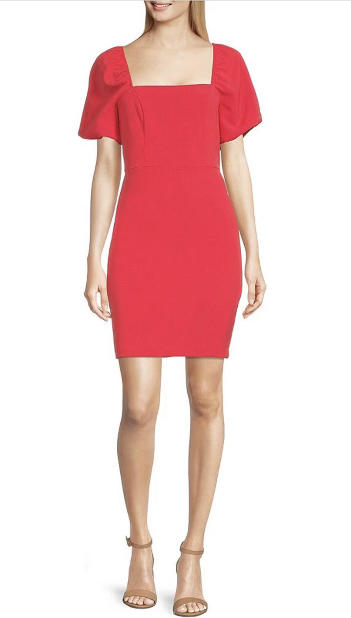 Eliza J Stretch Square Neck Short Puffed Sleeve Sheath Dress Size 6 Red NWT $128