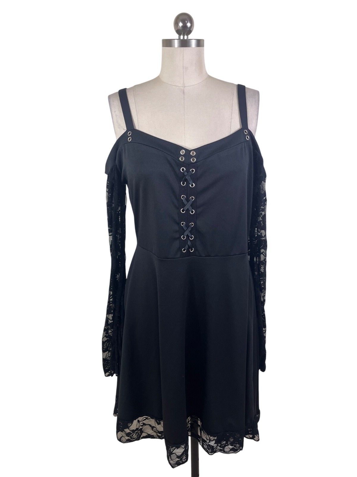 Y2K Black Dress Womens XL Long Sleeve Lace Up Whimsigoth Dark Coquette Steampunk