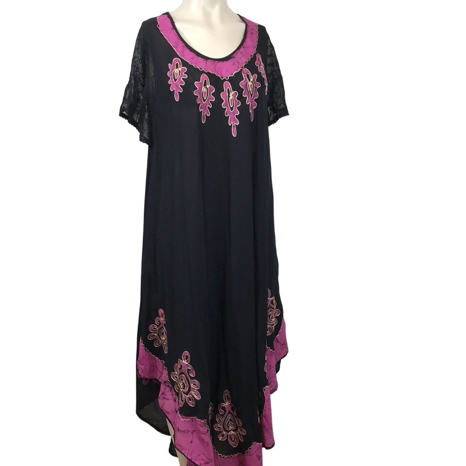 SAKKAS – WOMEN’S ONE SIZE -BLACK PINK BOHO FESTIVAL ASYMMETRIC EMBROIDERED DRESS