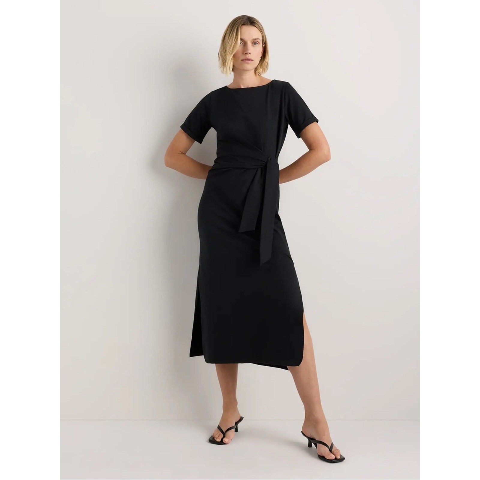 NEW Quince Stretch Cotton Jersey Side Tie Midi Dress True Black Large Organic