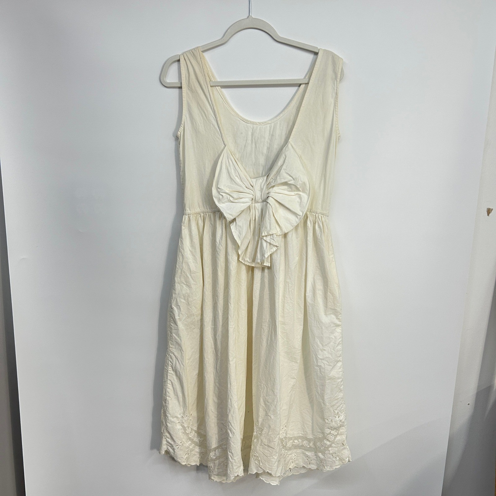 Cottagecore Eyelet Embroidered Midi Dress Small Cream White Back Bow Coquette