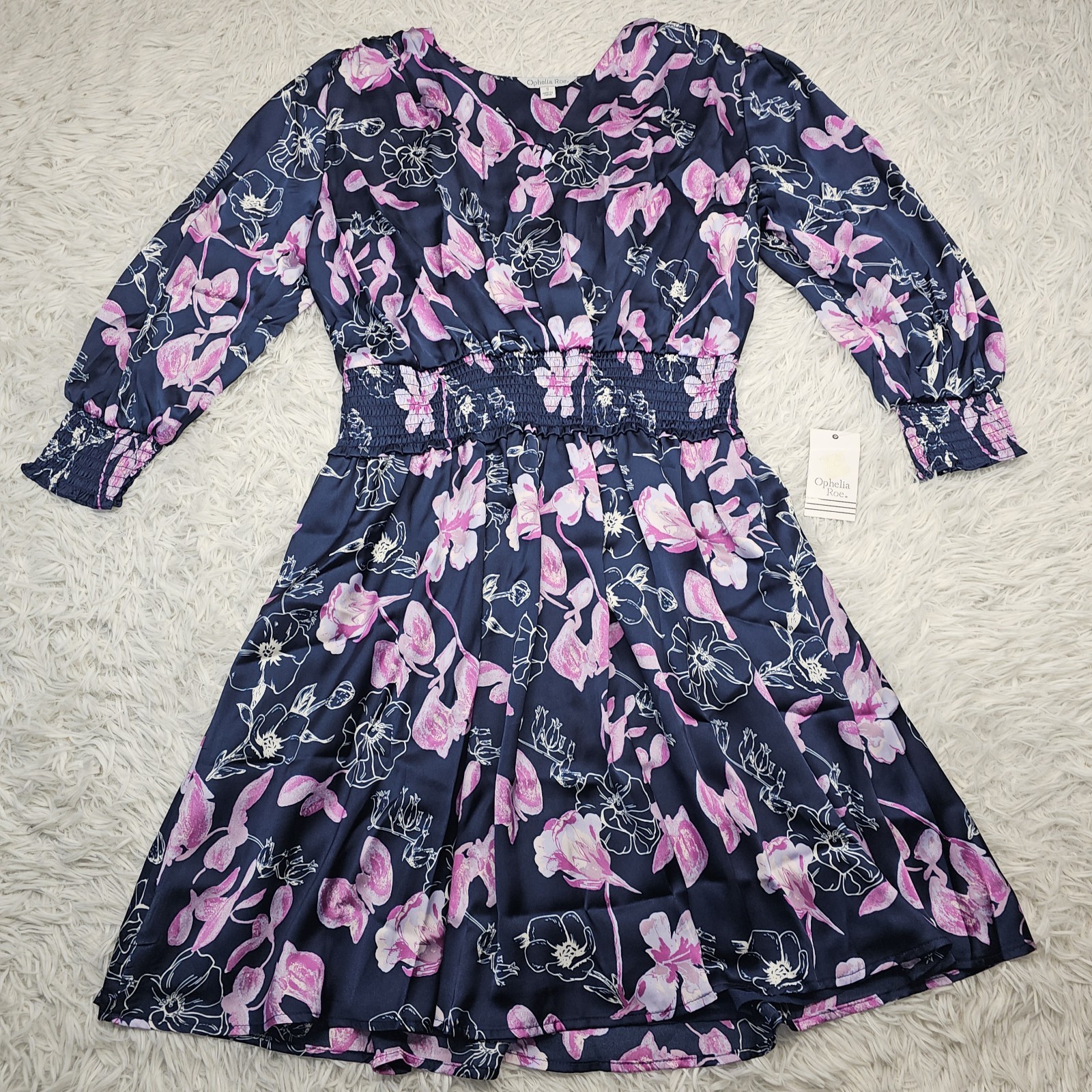 Ophelia Roe Women’s Navy Blue Orchid Floral Tiered Long Sleeve Midi Dress Size S