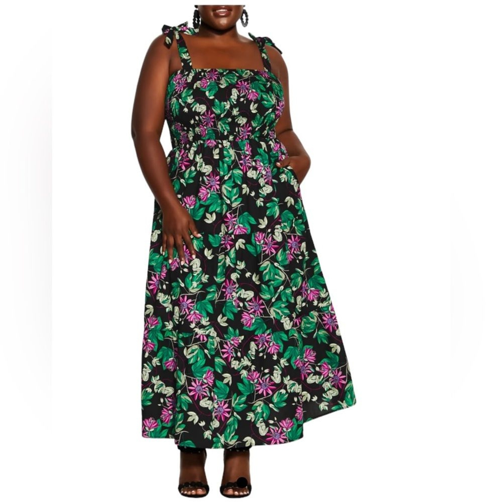 City Chic Passion Burst Cotton Maxi Dress In Black Floral Size 20