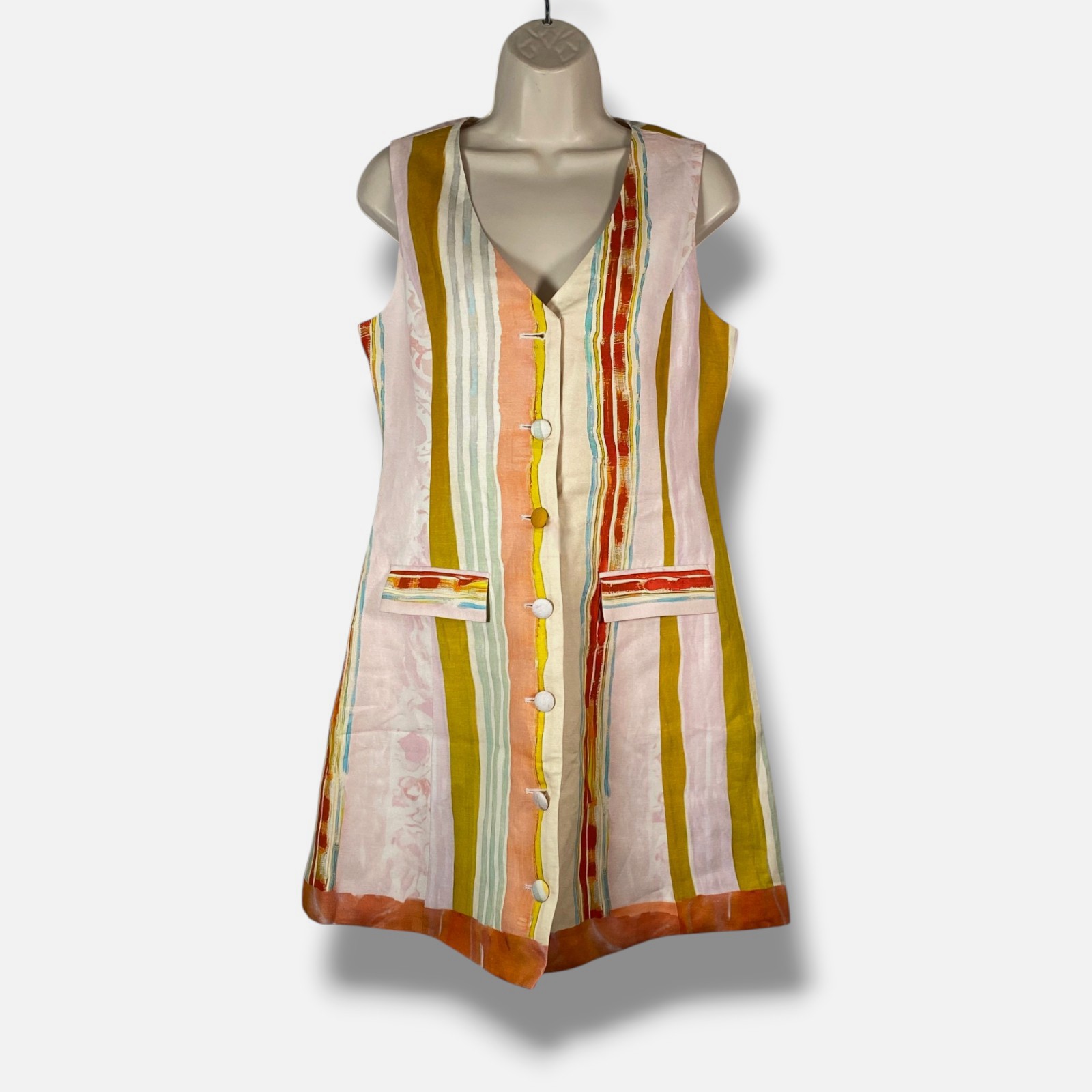 Hunter Bell Women’s Pink Linen Abstract Stripe Button-Front Suni Dress Size 4