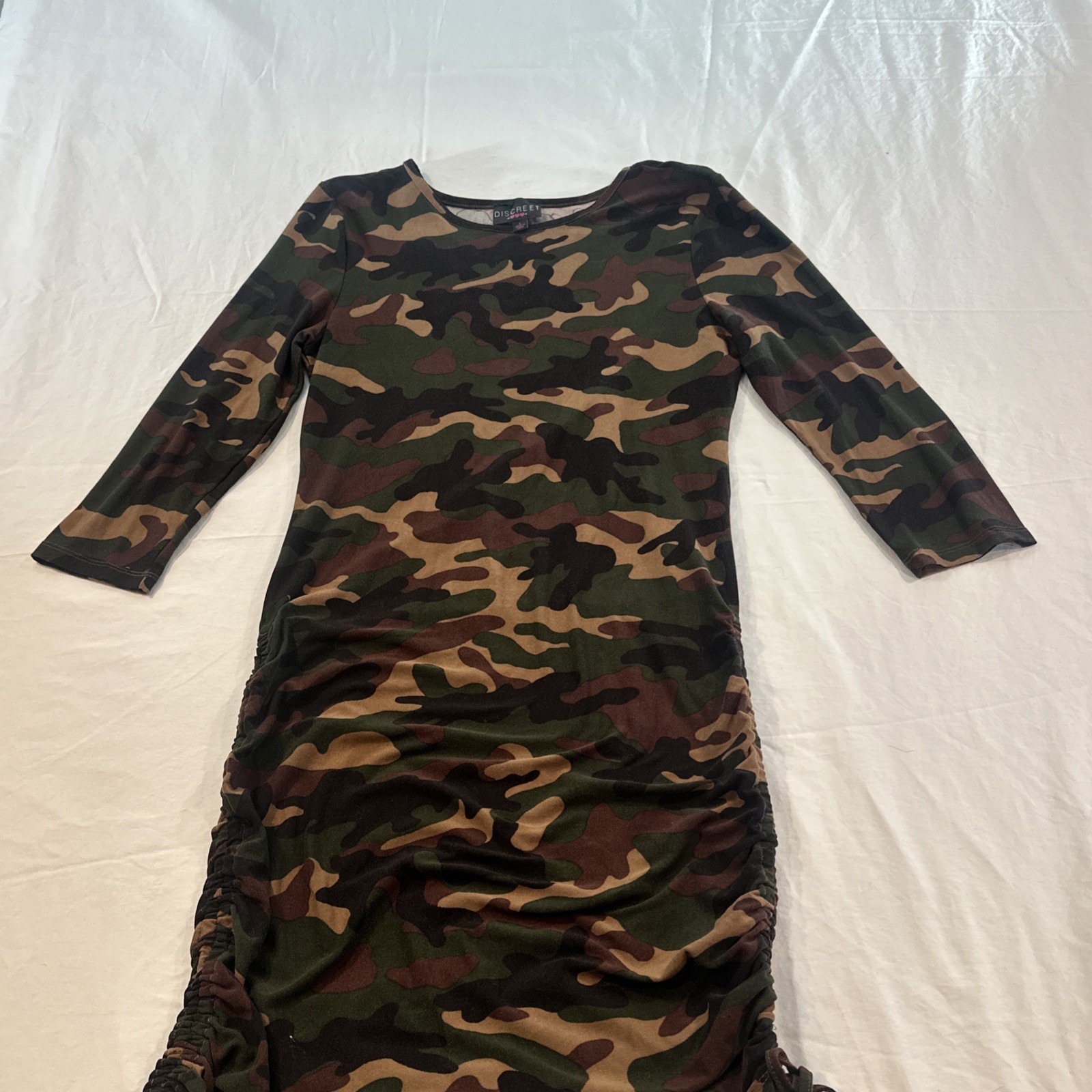 Edgy Alternative Bodycon Fitted Camo Dress Womens L Long Sleeve Ruched Discreet
