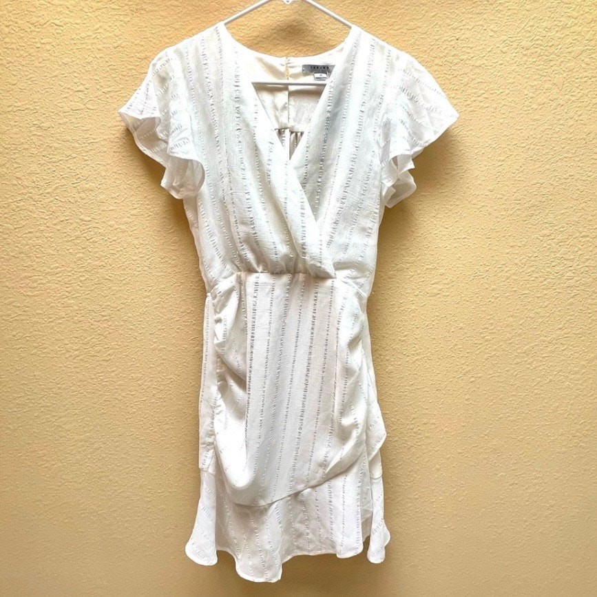 Favlux Womens White Ruffle Dress Faux Wrap Size S NWT