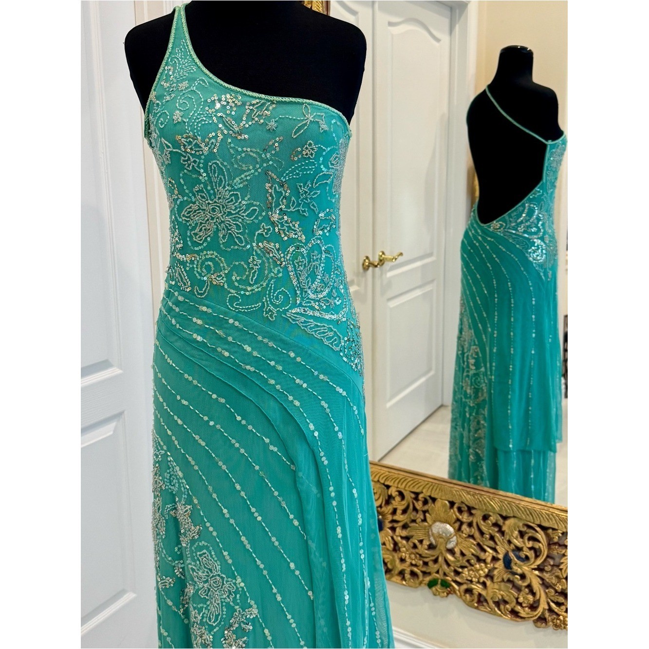One-Shoulder hand beaded aqua Evening Gown stretch fabric attitudes by Debra