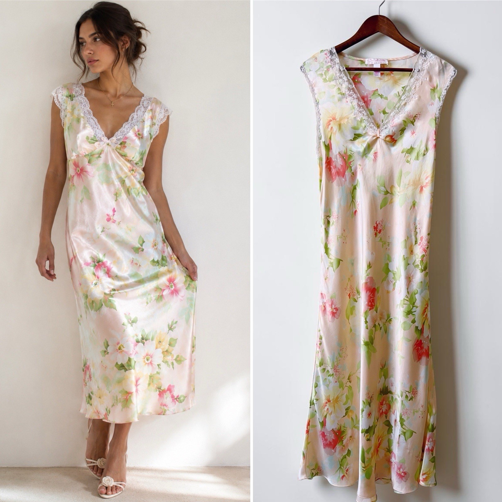 Vintage Oscar de la Renta Pink Label Floral Bias Cut Midi Slip Dress Lace M Y2K