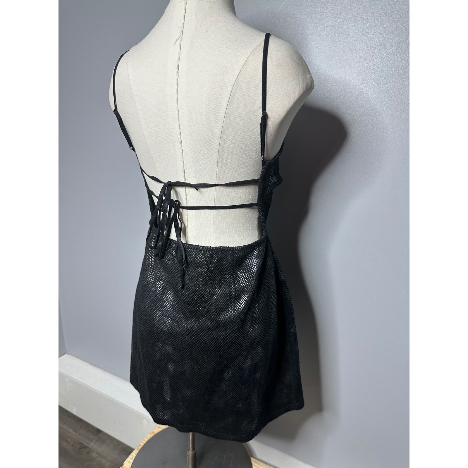 Urban Outfitters Black Snakeskin Metallic Lace Up Back Mini Dress Womens Size M