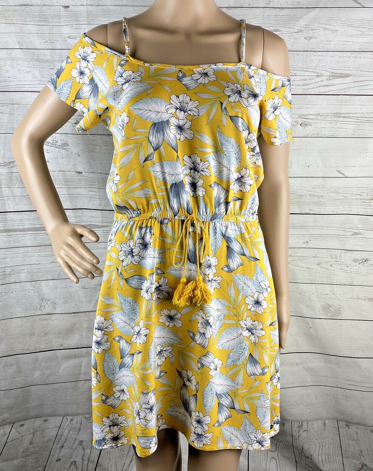 Island Haze Sundress Small Yellow Gray White Hibiscus Floral Hawaiian Dress Cute