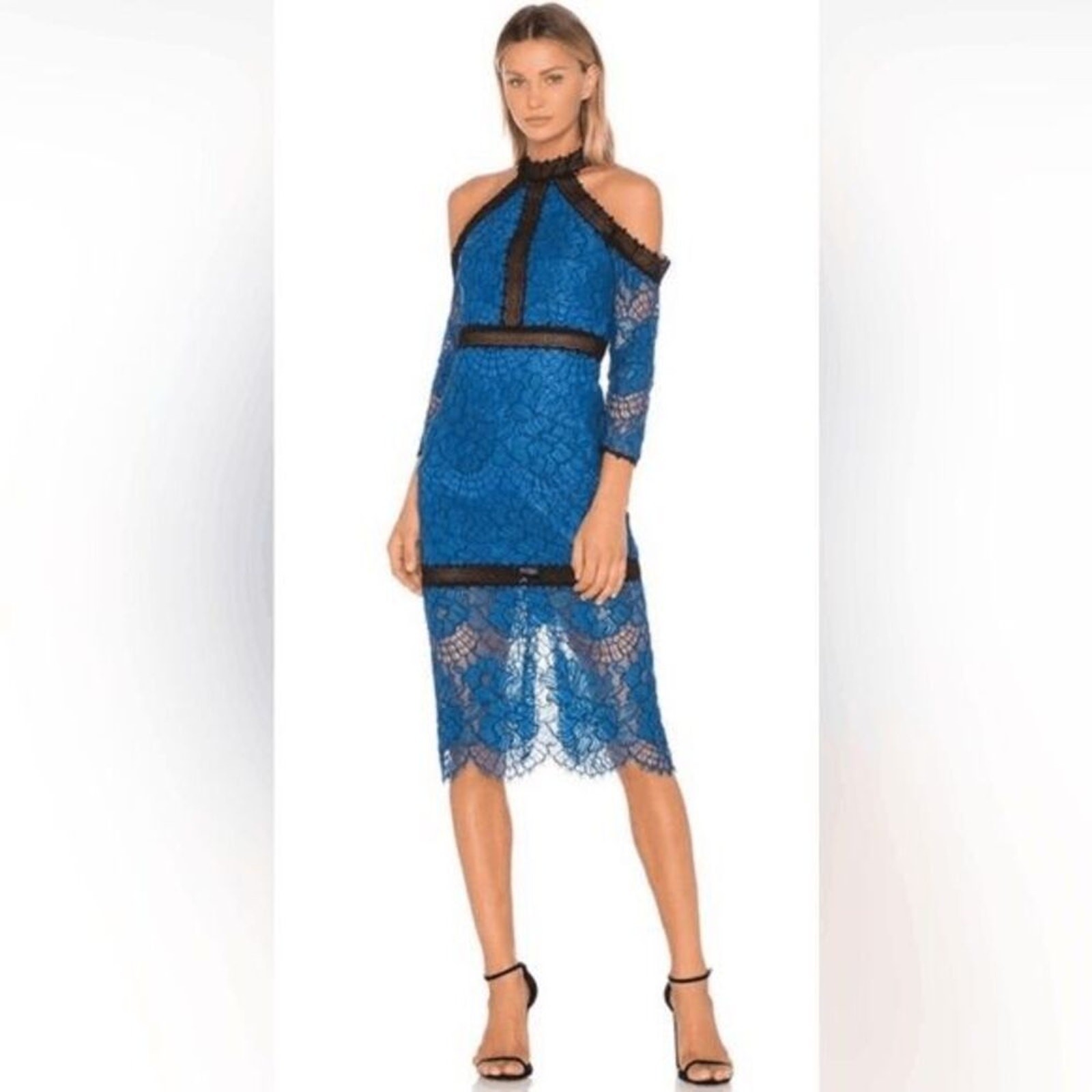 ALEXIS Marlowe Cold Shoulder Lace Midi Dress Blue Small EUC K334