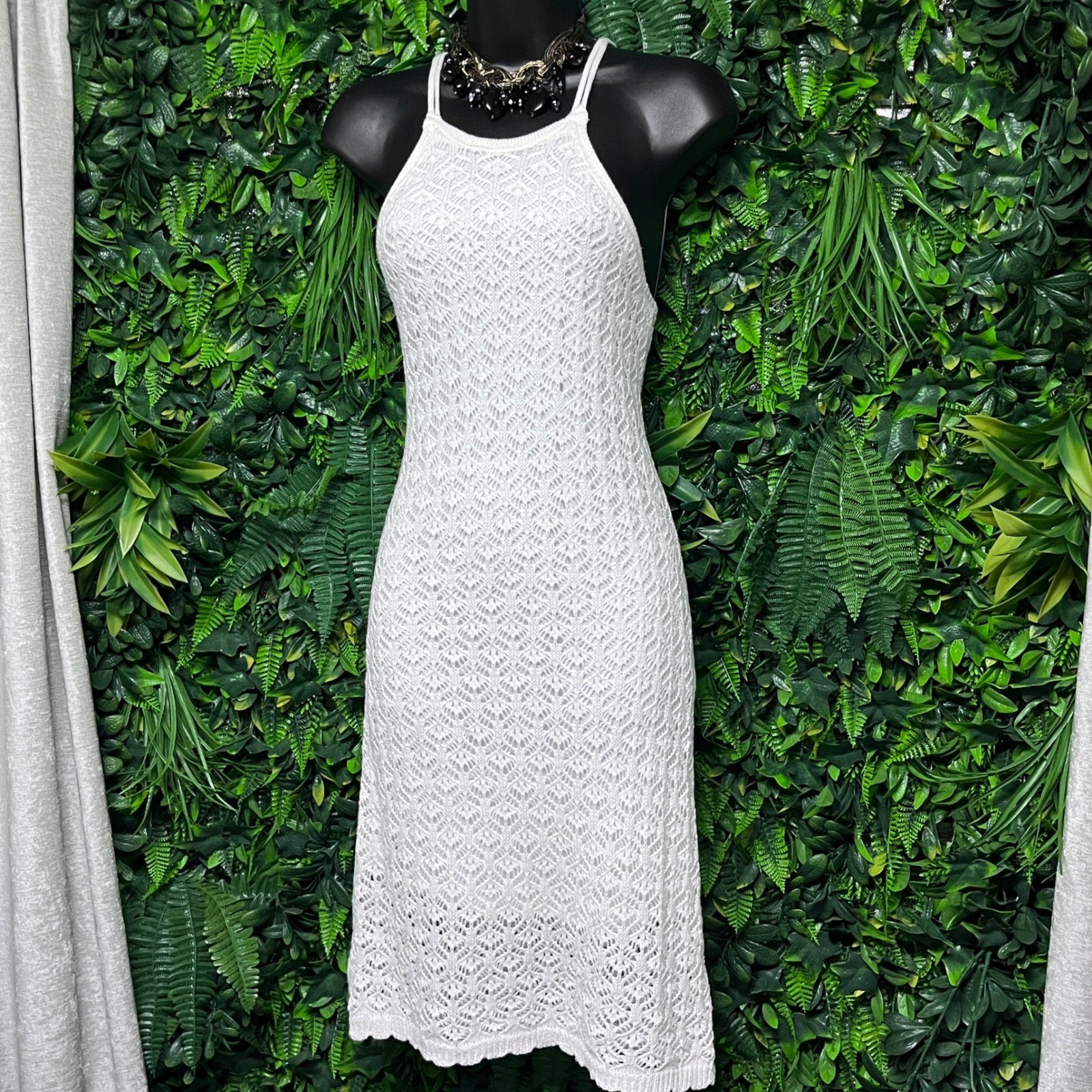 Freshman 1996 Dress Small White Crochet Knit High Neck Midi Vacation 3559