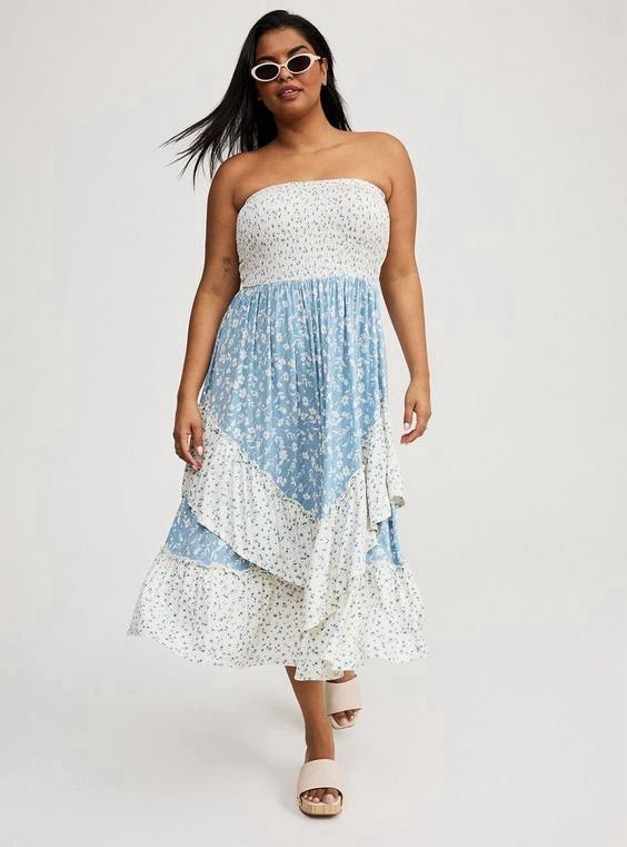 Torrid Women’s Blue/White Floral Strapless Smocked Layered Midi Dress Plus 1X