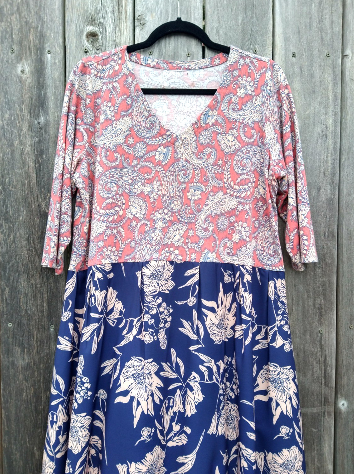 Mix Match Floral Dress ~ Upcycled Salmon & Blue Long Midi to Maxi Tunic Large