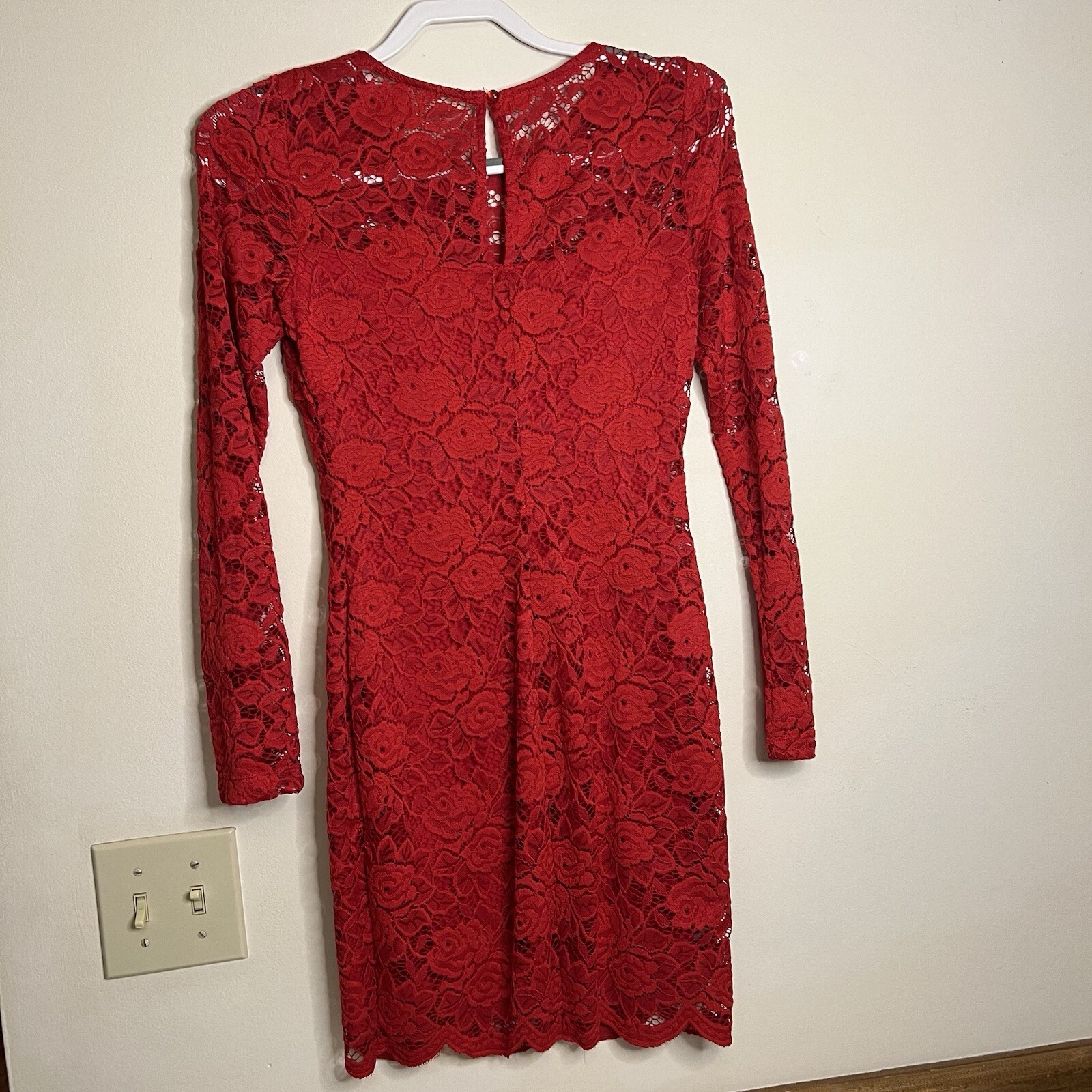 IZ Byer red lace dress see through long sleeves crew neck women’s small