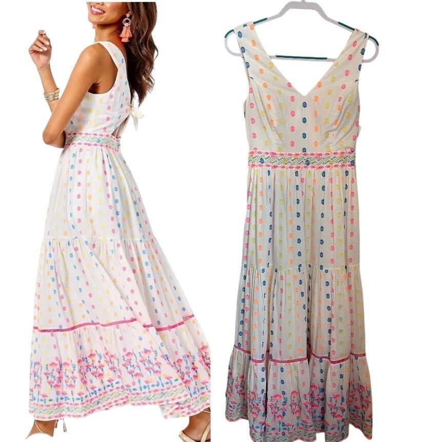 Lilly Pulitzer Charleen Maxi Dress Size 4 Clip Dot Floral Embroidered Tie Back