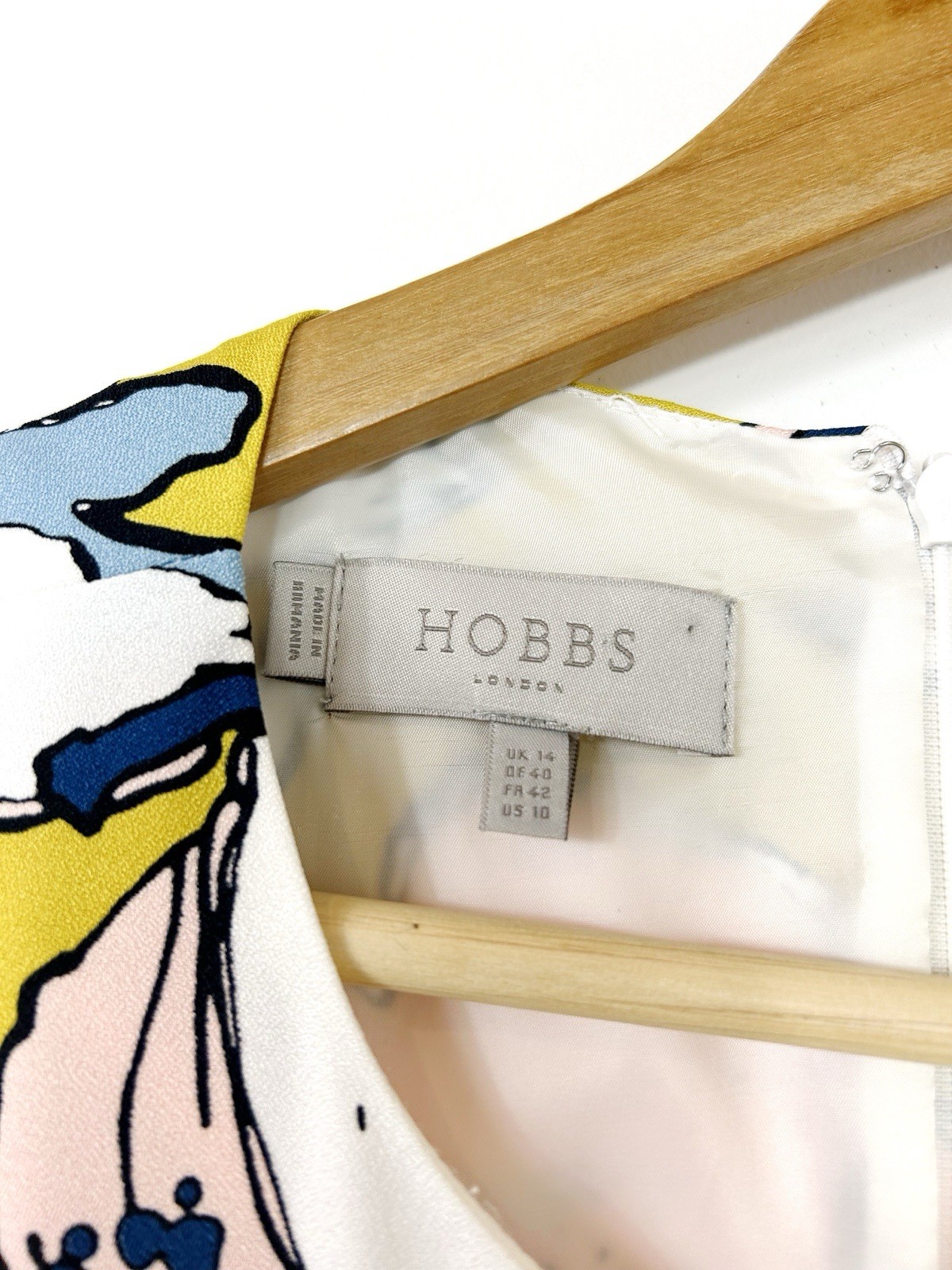 Hobbs Blue Yellow Floral Print 3/4 Sleeve Summer Wedding Pencil Dress UK 14