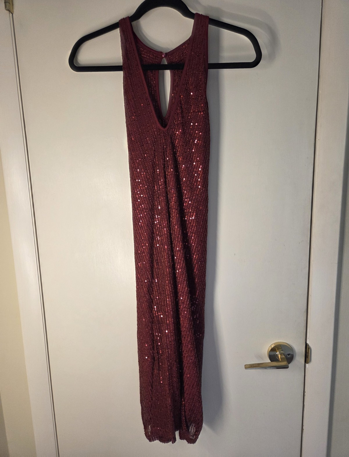 Women’s Burgundy Sequin V-Neck Sleeveless Maxi Dress Stretch Pullover M
