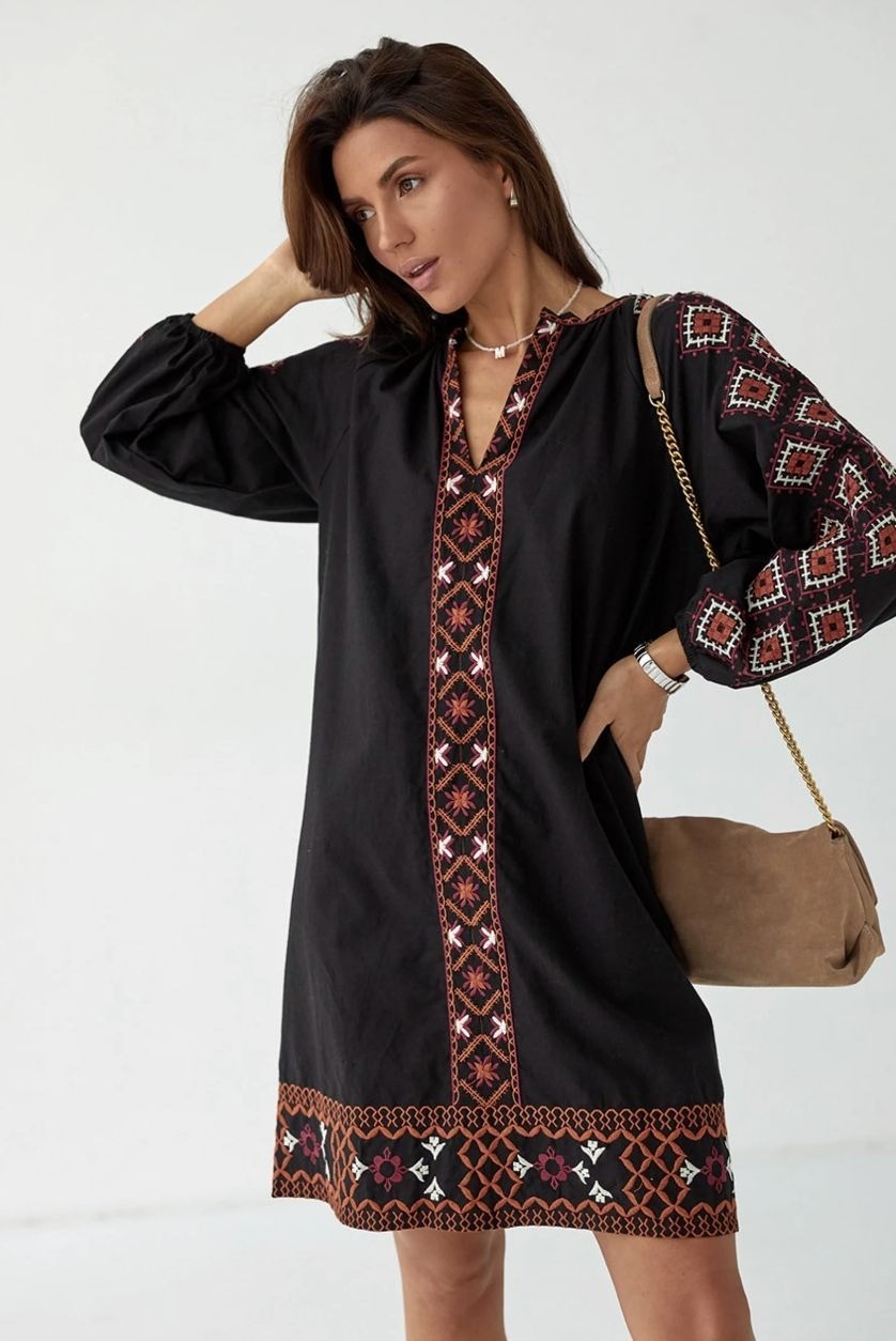 Black Boho Tunic Dress Geometric Embroidery Long Sleeve Shift Size M Fall Winter