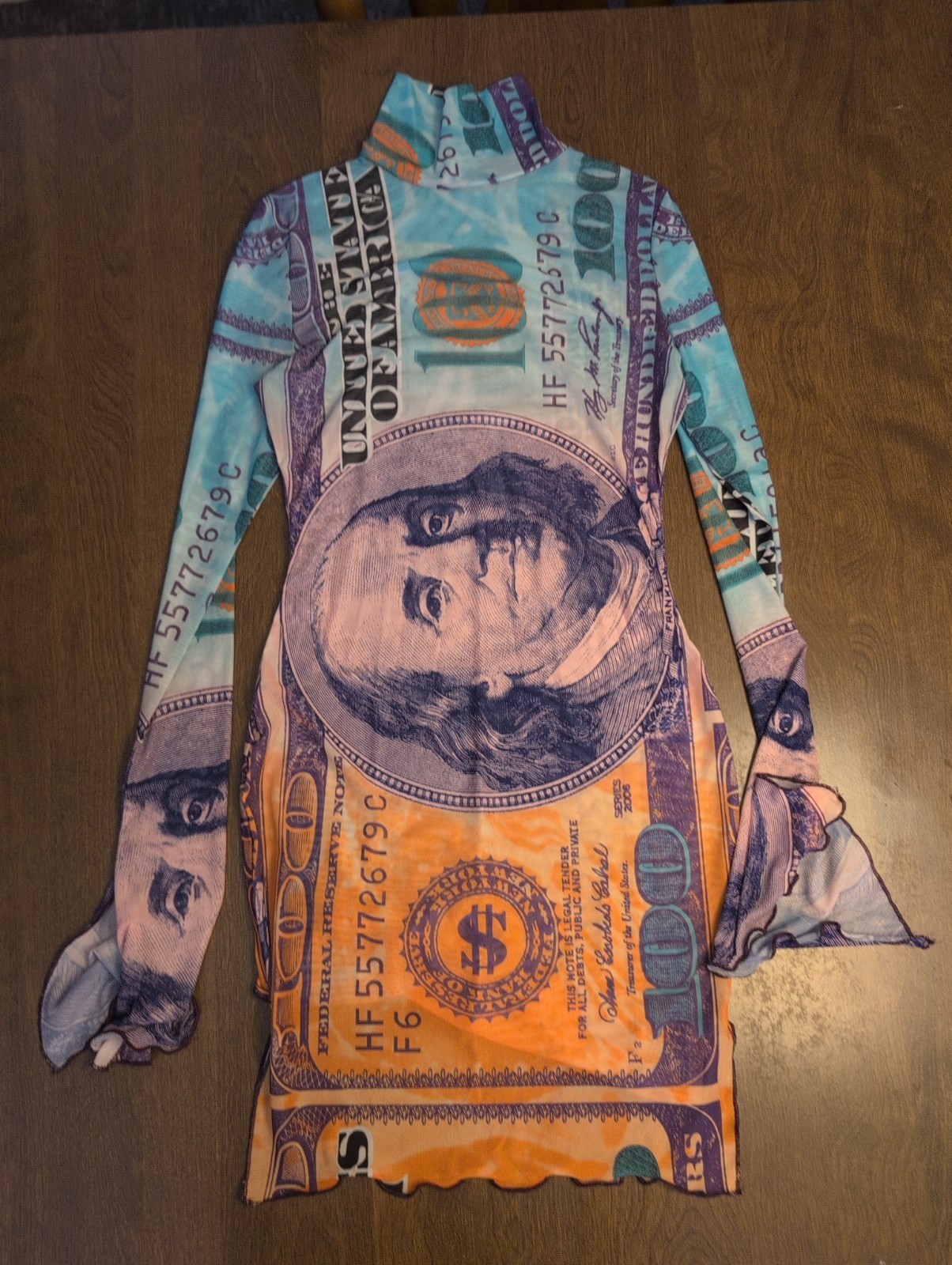 Money Print Long Sleeve Mesh Dress Stretchy Color 100 Dollar Beach Club Festival