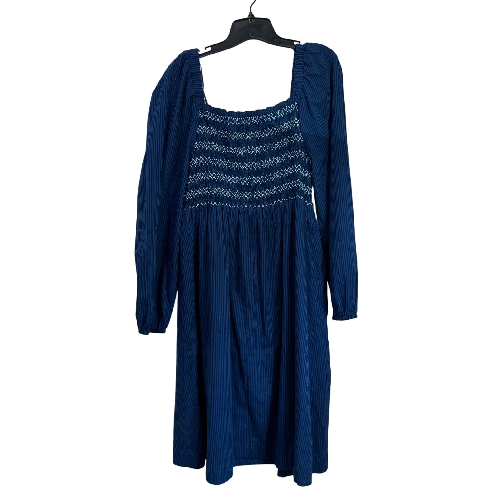 Draper James RSVP Navy Smocked Square Neck Long Sleeve Midi Dress Pockets Sz L
