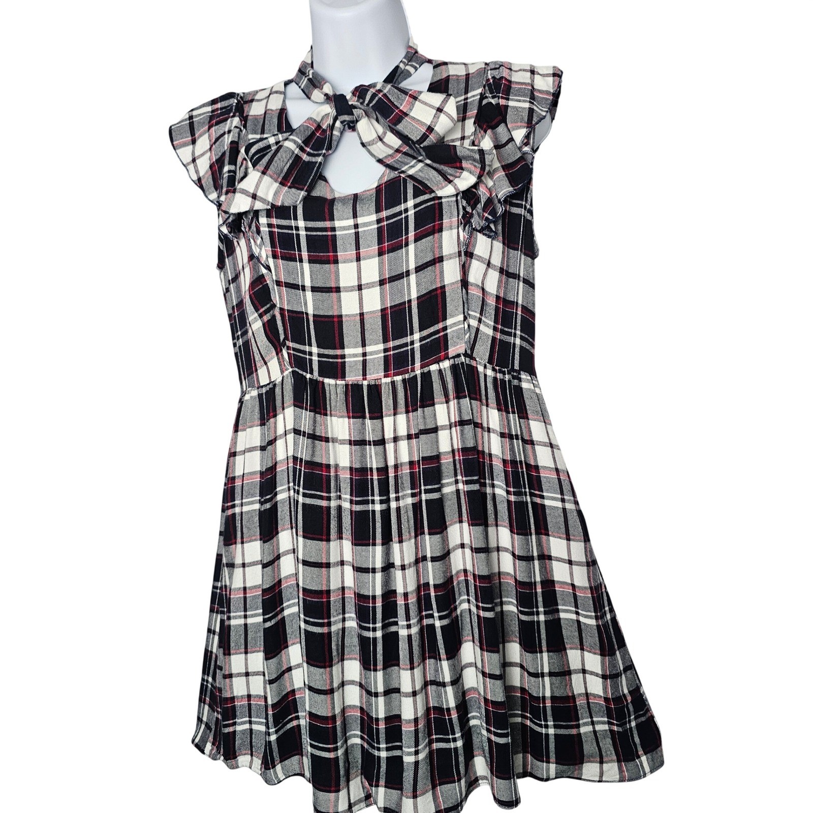AQUA Plaid Ruffle Tie Neck Mini Dress Women S Red Navy White Rayon Academia Y2K