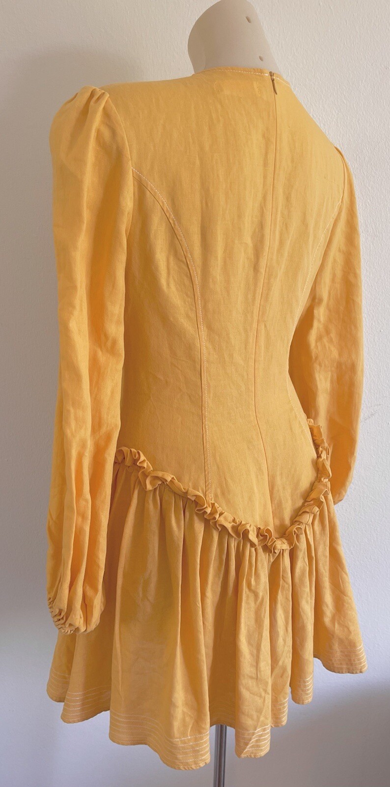LEO LIN Mini Dress Yellow Pastel Orange Cotton Linen balloon Sleeves SZ AU 10 M