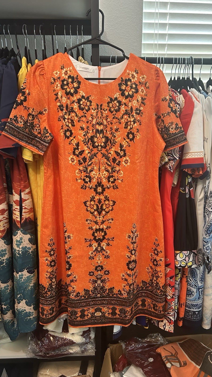 Fashion Orange Floral Shift Dress Short Sleeve Round Neck Knee Length S Zip