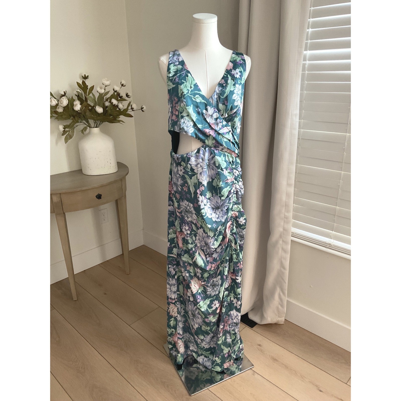 ASTR the Label Teal Floral Pleated Cutout Maxi Dress XL Sleeveless Slit Gown