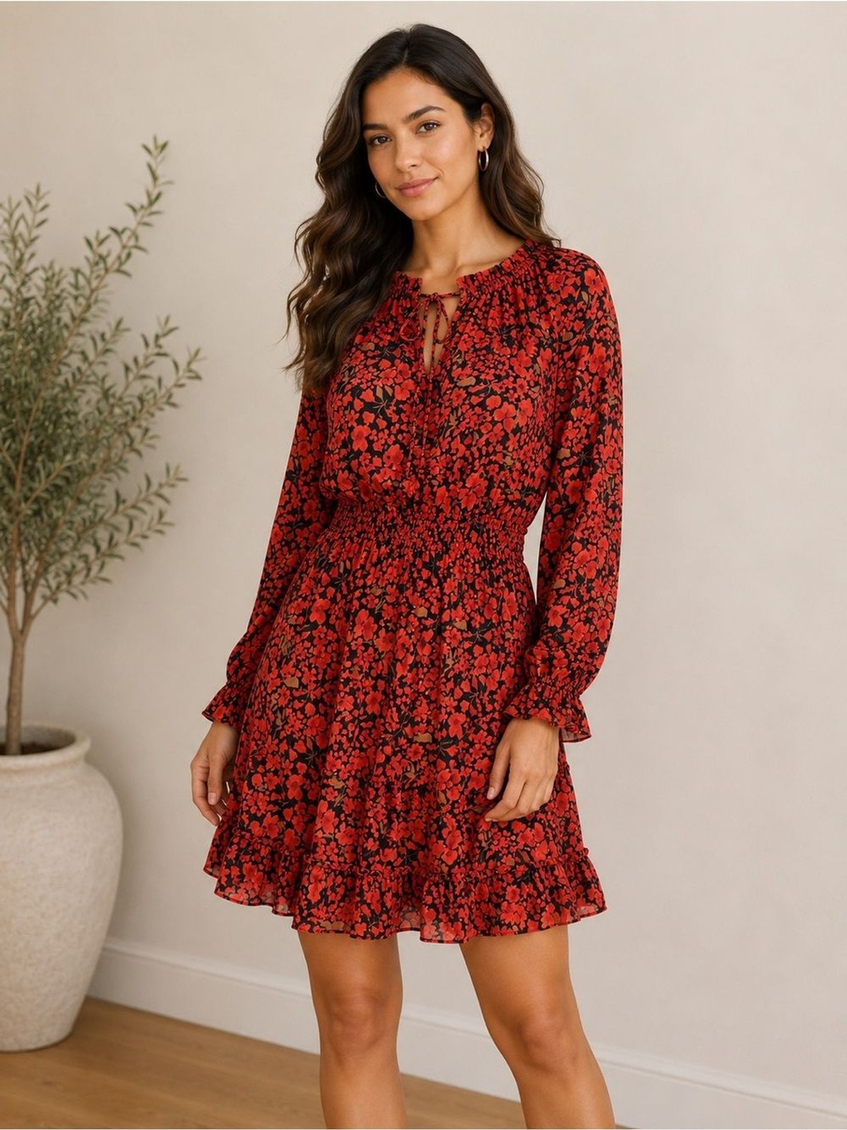 Angashion Red & Black Floral Smocked Mini Dress – Size Small